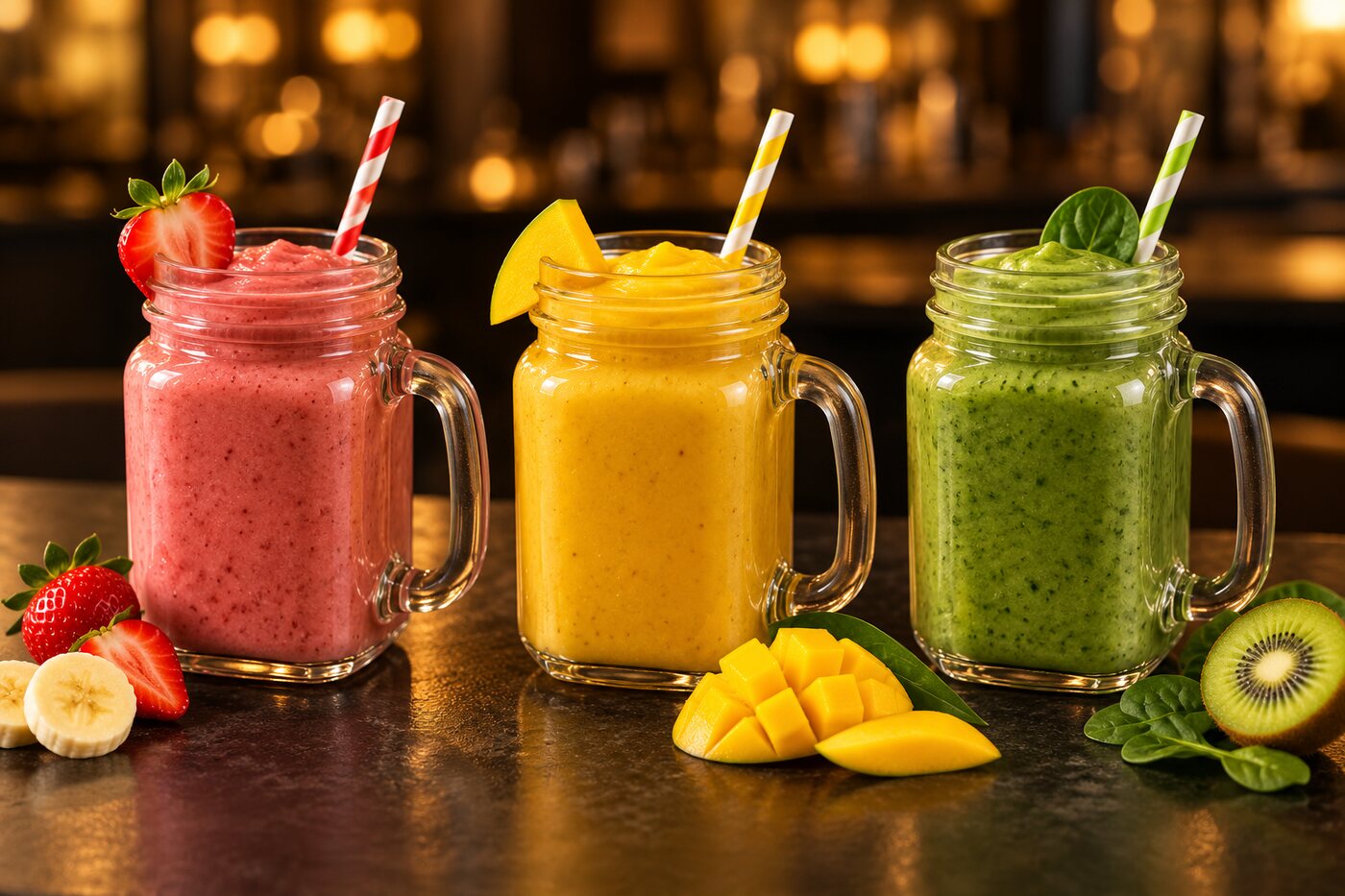 Smoothie promotional content on a portrait digital display