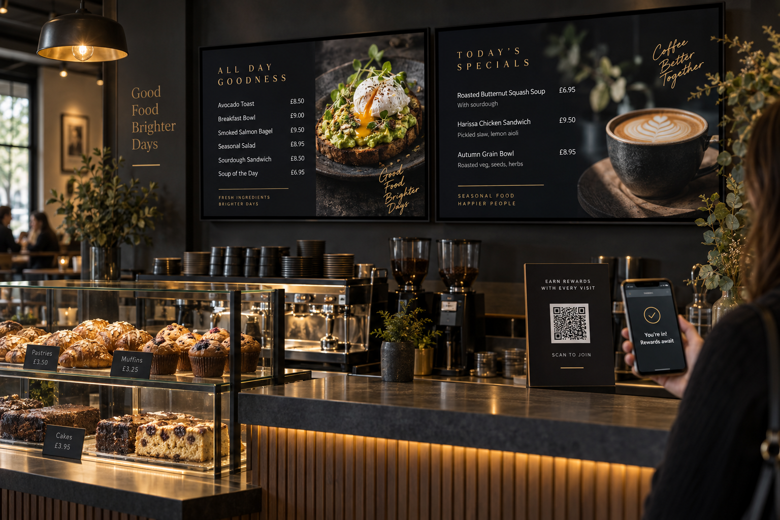 Illustrative digital menu boards and promotional screens in a café